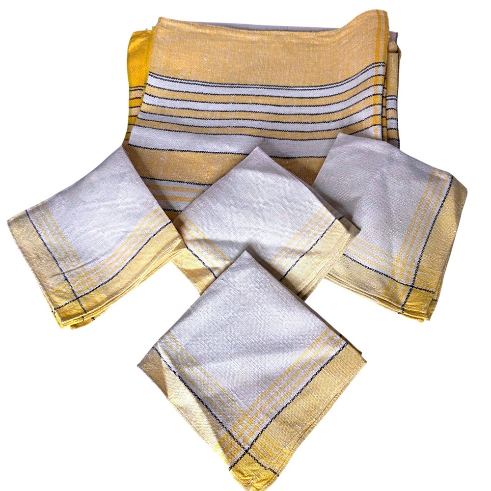 Vtg Plaid Stripe Tablecloth Napkin Set Linen Yellw White Blck Farmhouse Cottage